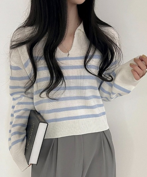 BEIDELLI（ベイデリー）の「[BELLIDE MADE] スキッパーネックボーダークロップニット（Tシャツ/カットソー・レディース・アイボリー/ネイビー/スカイブルー・FREE）」の11枚目の写真