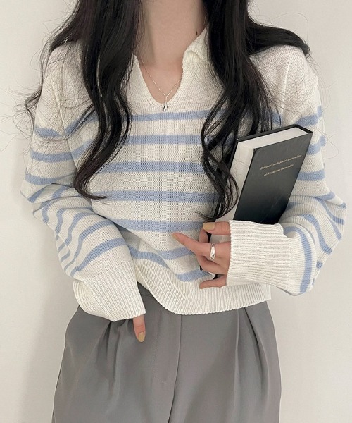 BEIDELLI（ベイデリー）の「[BELLIDE MADE] スキッパーネックボーダークロップニット（Tシャツ/カットソー・レディース・アイボリー/ネイビー/スカイブルー・FREE）」の18枚目の写真
