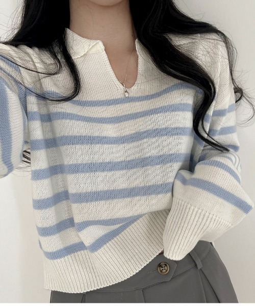 BEIDELLI（ベイデリー）の「[BELLIDE MADE] スキッパーネックボーダークロップニット（Tシャツ/カットソー・レディース・アイボリー/ネイビー/スカイブルー・FREE）」の20枚目の写真