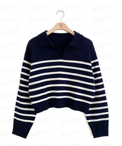 BEIDELLI（ベイデリー）の「[BELLIDE MADE] スキッパーネックボーダークロップニット（Tシャツ/カットソー・レディース・アイボリー/ネイビー/スカイブルー・FREE）」の6枚目の写真