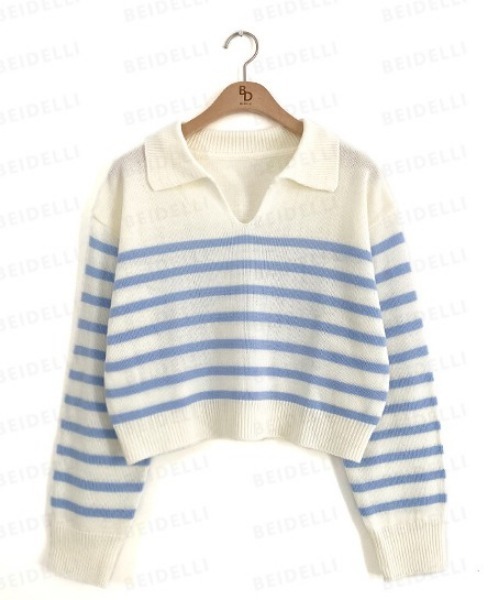 BEIDELLI（ベイデリー）の「[BELLIDE MADE] スキッパーネックボーダークロップニット（Tシャツ/カットソー・レディース・アイボリー/ネイビー/スカイブルー・FREE）」の9枚目の写真