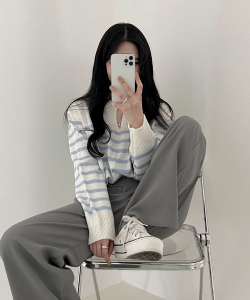 BEIDELLI（ベイデリー）の「[BELLIDE MADE] スキッパーネックボーダークロップニット（Tシャツ/カットソー・レディース・アイボリー/ネイビー/スカイブルー・FREE）」の16枚目の写真