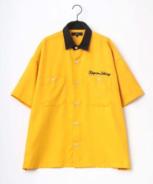 Lazar（ラザル）の「オーバーサイズ Keep on Toking ワンポイント チェーン刺繍 クレリック レギュラーカラー 半袖シャツ/ボーリングシャツ（シャツ/ブラウス・メンズ・ホワイト/ブラック/ダークグリーン/ベージュ/マスタード・LL/M/L）」の10枚目の写真