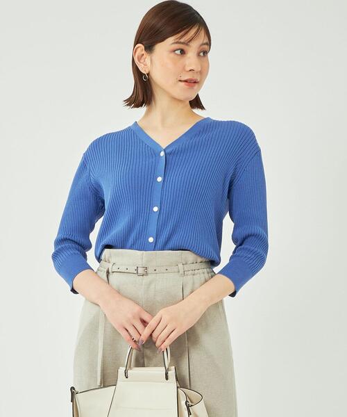green label relaxing(グリーンレーベルリラクシング)の「コンパクト リブ Vネック カーディガン -ウォッシャブル-(カーディガン/ボレロ・レディース・ダークブラウン/オフホワイト/コバルトブルー・FREE)」の3枚目の写真