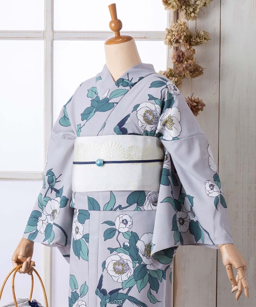 【新品】KIMONOMACHI キモノマチ　オリジナル モダン柄 浴衣 吸水速乾 KIMONOMACHI オリジナル 浴衣 2点セット (浴衣＋半幅帯)「紫紺色