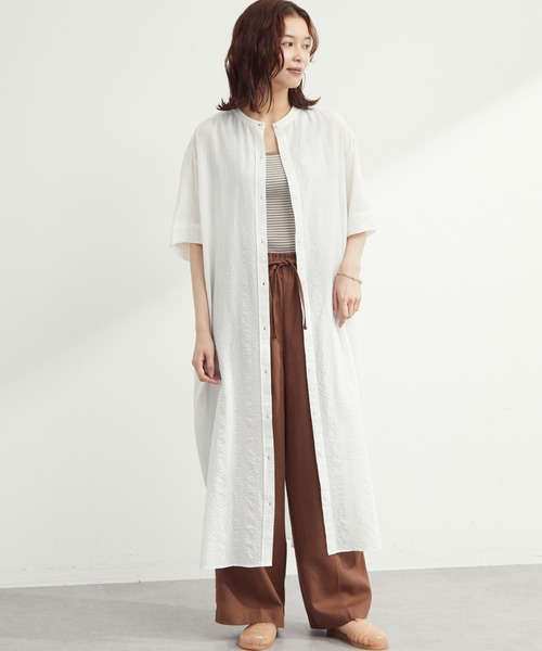 Green　Parks（グリーンパークス）の「バンドカラー半袖シャツワンピース（ワンピース・レディース・ホワイト/サックスブルー/ストライプ/チェック・FREE）」の2枚目の写真