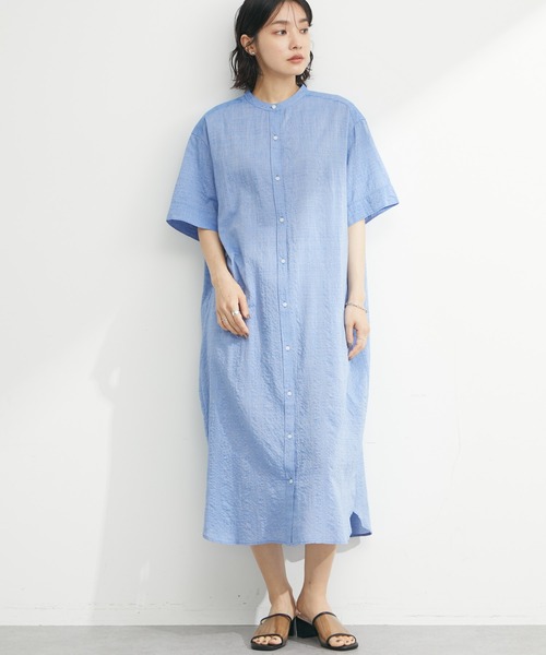 Green　Parks（グリーンパークス）の「バンドカラー半袖シャツワンピース（ワンピース・レディース・ホワイト/サックスブルー/ストライプ/チェック・FREE）」の3枚目の写真