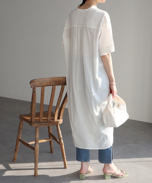 Green　Parks（グリーンパークス）の「バンドカラー半袖シャツワンピース（ワンピース・レディース・ホワイト/サックスブルー/ストライプ/チェック・FREE）」の13枚目の写真