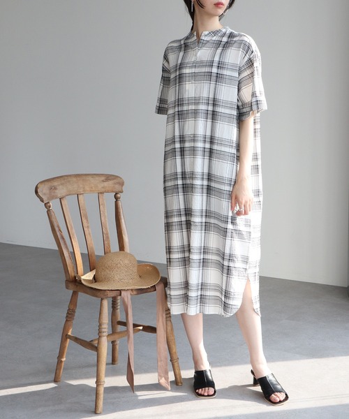 Green　Parks（グリーンパークス）の「バンドカラー半袖シャツワンピース（ワンピース・レディース・ホワイト/サックスブルー/ストライプ/チェック・FREE）」の9枚目の写真