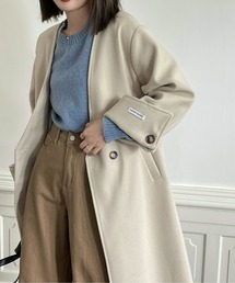 emi+ | ベルト付き袖折り返し ノーカラーロングコート(ノーカラーコート)