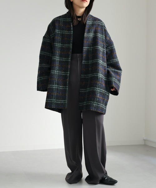 ap retro（アプレトロ）の「チェックノーカラーショートコート（ノーカラーコート・レディース・ネイビー/ブラウン・FREE）」の19枚目の写真