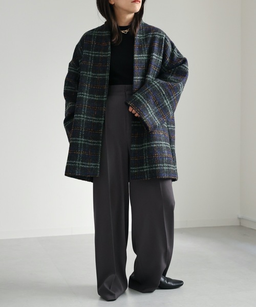 ap retro（アプレトロ）の「チェックノーカラーショートコート（ノーカラーコート・レディース・ネイビー/ブラウン・FREE）」の7枚目の写真