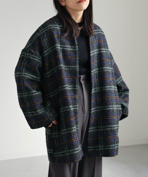 ap retro（アプレトロ）の「チェックノーカラーショートコート（ノーカラーコート・レディース・ネイビー/ブラウン・FREE）」の6枚目の写真