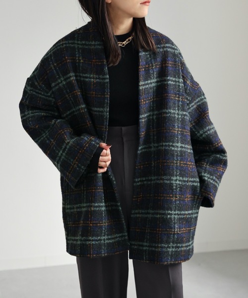 ap retro（アプレトロ）の「チェックノーカラーショートコート（ノーカラーコート・レディース・ネイビー/ブラウン・FREE）」の12枚目の写真