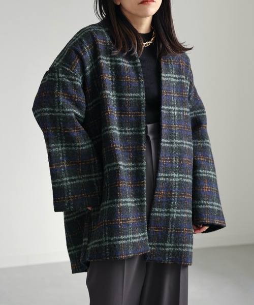 ap retro（アプレトロ）の「チェックノーカラーショートコート（ノーカラーコート・レディース・ネイビー/ブラウン・FREE）」の18枚目の写真