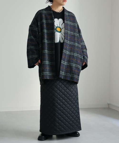 ap retro（アプレトロ）の「チェックノーカラーショートコート（ノーカラーコート・レディース・ネイビー/ブラウン・FREE）」の17枚目の写真