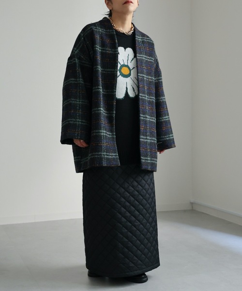 ap retro（アプレトロ）の「チェックノーカラーショートコート（ノーカラーコート・レディース・ネイビー/ブラウン・FREE）」の5枚目の写真