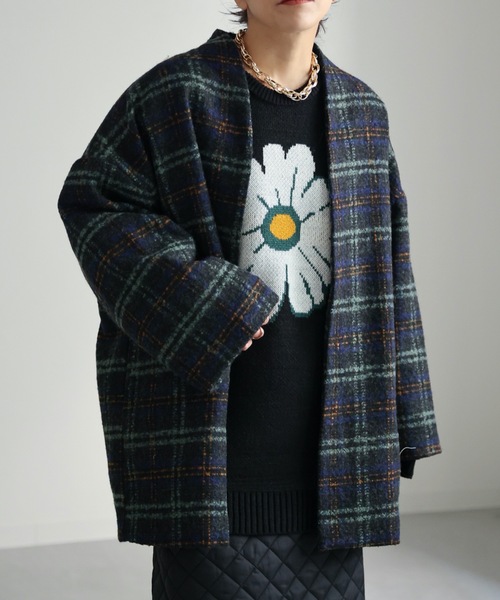 ap retro（アプレトロ）の「チェックノーカラーショートコート（ノーカラーコート・レディース・ネイビー/ブラウン・FREE）」の22枚目の写真