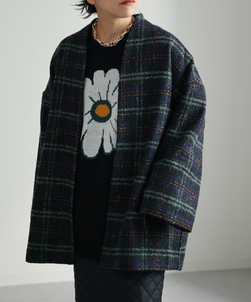 ap retro（アプレトロ）の「チェックノーカラーショートコート（ノーカラーコート・レディース・ネイビー/ブラウン・FREE）」の10枚目の写真