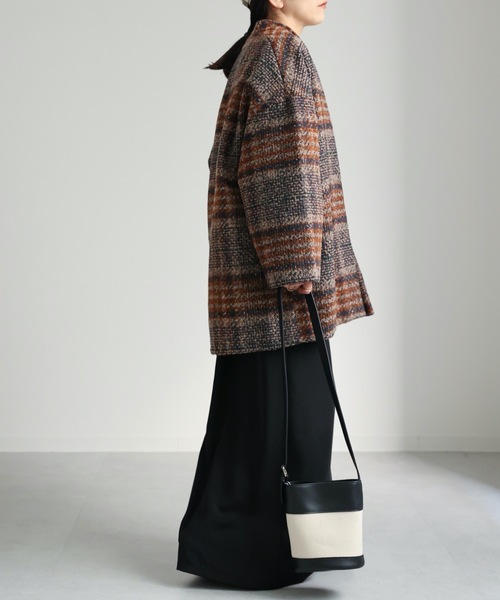 ap retro（アプレトロ）の「チェックノーカラーショートコート（ノーカラーコート・レディース・ネイビー/ブラウン・FREE）」の16枚目の写真