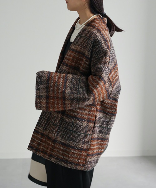 ap retro（アプレトロ）の「チェックノーカラーショートコート（ノーカラーコート・レディース・ネイビー/ブラウン・FREE）」の21枚目の写真