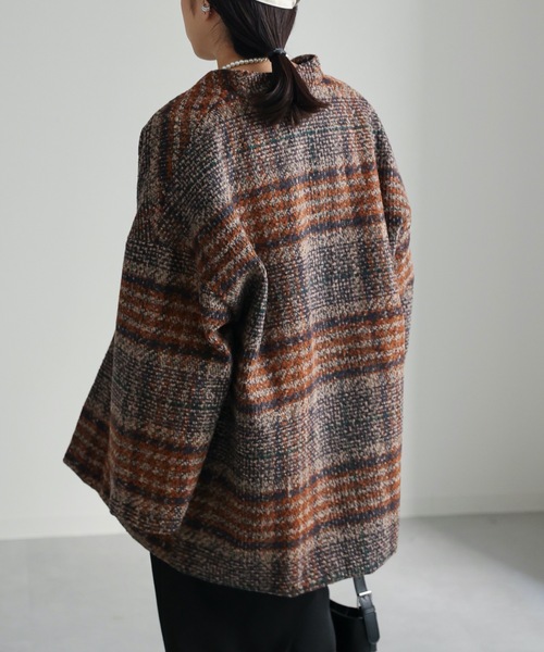 ap retro（アプレトロ）の「チェックノーカラーショートコート（ノーカラーコート・レディース・ネイビー/ブラウン・FREE）」の9枚目の写真