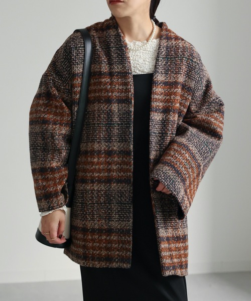 ap retro（アプレトロ）の「チェックノーカラーショートコート（ノーカラーコート・レディース・ネイビー/ブラウン・FREE）」の15枚目の写真