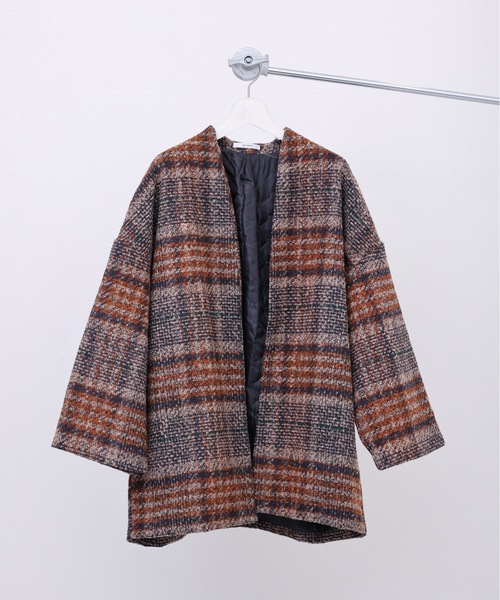 ap retro（アプレトロ）の「チェックノーカラーショートコート（ノーカラーコート・レディース・ネイビー/ブラウン・FREE）」の13枚目の写真