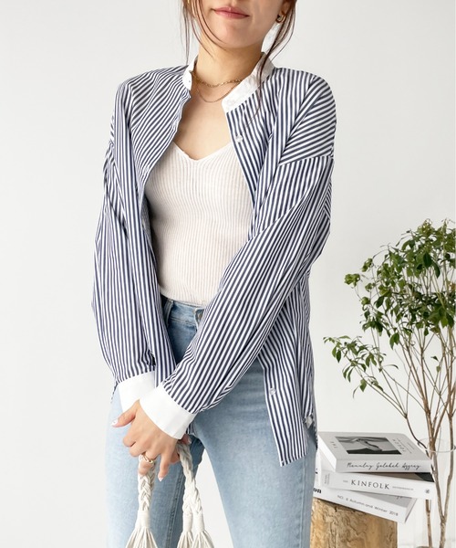 Meli rich(メリーリッチ)の「バンドカラーストライプシャツ(シャツ/ブラウス・レディース・サックスブルー/グリーン/ネイビー・MEDIUM)」の5枚目の写真
