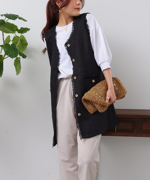 Chez toi（シェトワ）の「ツイードミドル丈ジレコート（その他アウター・レディース・オフホワイト/ブルー/ブラック・FREE）」の5枚目の写真