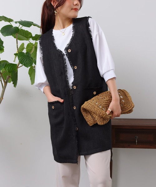 Chez toi（シェトワ）の「ツイードミドル丈ジレコート（その他アウター・レディース・オフホワイト/ブルー/ブラック・FREE）」の14枚目の写真