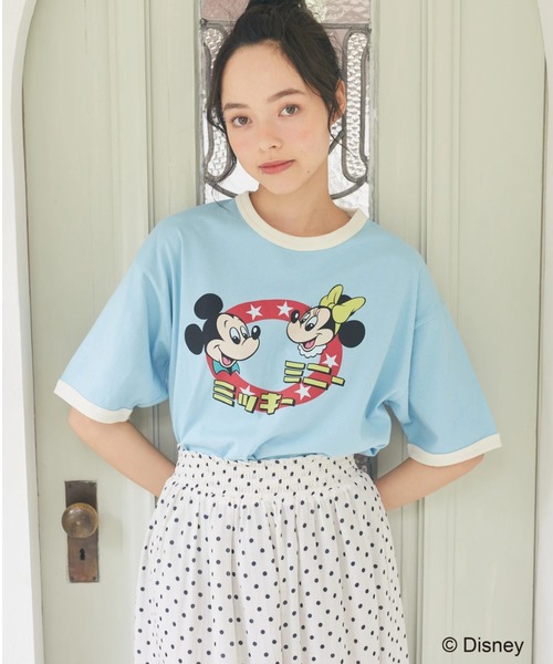 earth music&ecology(アースミュージックアンドエコロジー)の「リンガーTee/Mickey&Minnie(Tシャツ/カットソー・レディース・オフホワイト/サックスブルー・FREE)」の1枚目の写真