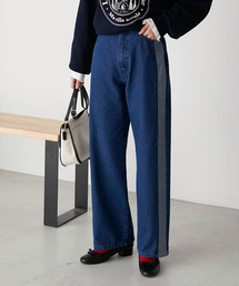 サイドラインハイウエストストレートデニムパンツ