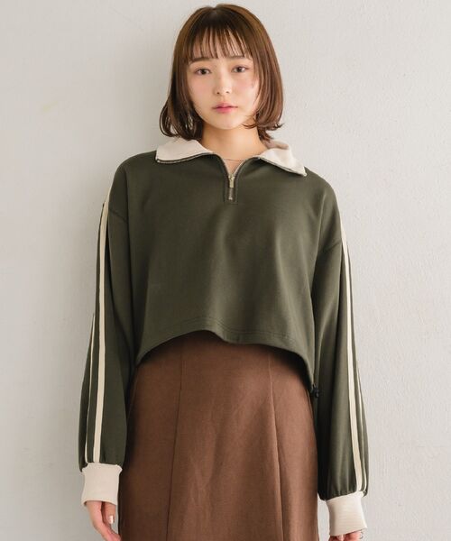 RETRO GIRL（レトロガール）の「ラインハーフZIPトレーナー（Tシャツ/カットソー・レディース・ナチュラル/ブルー/チャコールグレー・FREE）」の2枚目の写真