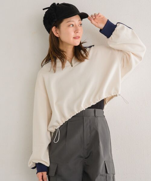 RETRO GIRL（レトロガール）の「ラインハーフZIPトレーナー（Tシャツ/カットソー・レディース・ナチュラル/ブルー/チャコールグレー・FREE）」の8枚目の写真