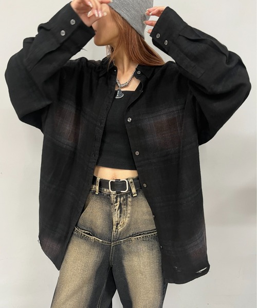 WHO'S WHO gallery（フーズフーギャラリー）の「ブラックダイチェックシャツ（シャツ/ブラウス・レディース・ブラック系その他/ブラック・FREE）」の3枚目の写真