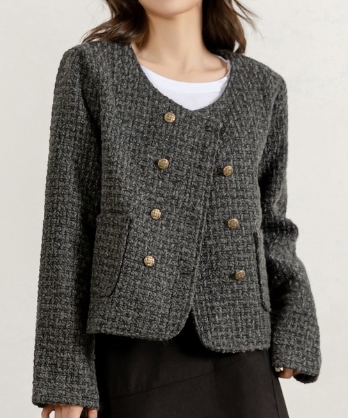 DAY CLOSET（デイ クローゼット）の「レディース ショート丈ツイード風ノーカラージャケット（ノーカラージャケット・レディース・ダークグレー・M/L）」の3枚目の写真