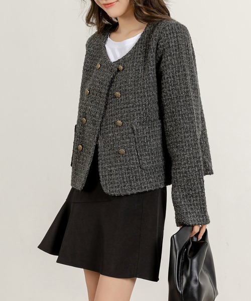 DAY CLOSET（デイ クローゼット）の「レディース ショート丈ツイード風ノーカラージャケット（ノーカラージャケット・レディース・ダークグレー・M/L）」の5枚目の写真