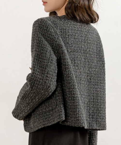 DAY CLOSET（デイ クローゼット）の「レディース ショート丈ツイード風ノーカラージャケット（ノーカラージャケット・レディース・ダークグレー・M/L）」の6枚目の写真