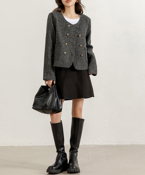 DAY CLOSET（デイ クローゼット）の「レディース ショート丈ツイード風ノーカラージャケット（ノーカラージャケット・レディース・ダークグレー・M/L）」の7枚目の写真