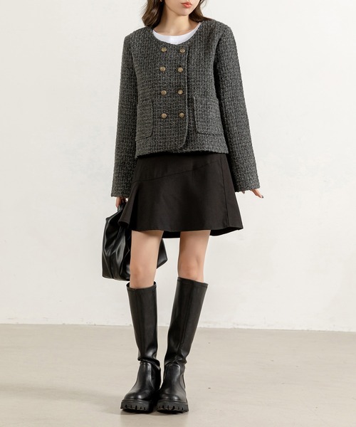 DAY CLOSET（デイ クローゼット）の「レディース ショート丈ツイード風ノーカラージャケット（ノーカラージャケット・レディース・ダークグレー・M/L）」の8枚目の写真