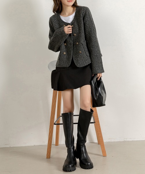 DAY CLOSET（デイ クローゼット）の「レディース ショート丈ツイード風ノーカラージャケット（ノーカラージャケット・レディース・ダークグレー・M/L）」の10枚目の写真