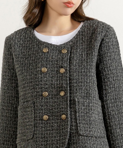 DAY CLOSET（デイ クローゼット）の「レディース ショート丈ツイード風ノーカラージャケット（ノーカラージャケット・レディース・ダークグレー・M/L）」の12枚目の写真