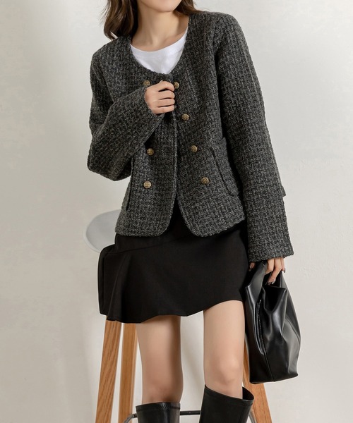 DAY CLOSET（デイ クローゼット）の「レディース ショート丈ツイード風ノーカラージャケット（ノーカラージャケット・レディース・ダークグレー・M/L）」の16枚目の写真