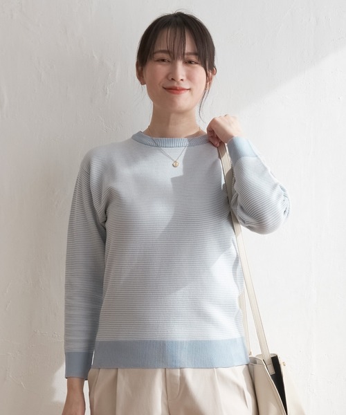 ikka(イッカ)の「GOKU楽 ボーダーニットプルオーバー(ニット/セーター・レディース・ベージュ/ブラック/スカイブルー・M/L/S)」の1枚目の写真