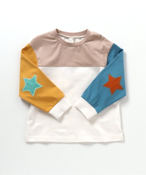 apres les cours(アプレレクール)の「肘パッチモチーフTシャツ(Tシャツ/カットソー・キッズ・レッド/グリーン/レインボー・80/90/100/110/120/130)」の1枚目の写真