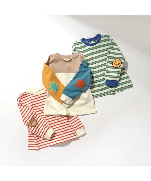 apres les cours(アプレレクール)の「肘パッチモチーフTシャツ(Tシャツ/カットソー・キッズ・レッド/グリーン/レインボー・80/90/100/110/120/130)」の6枚目の写真
