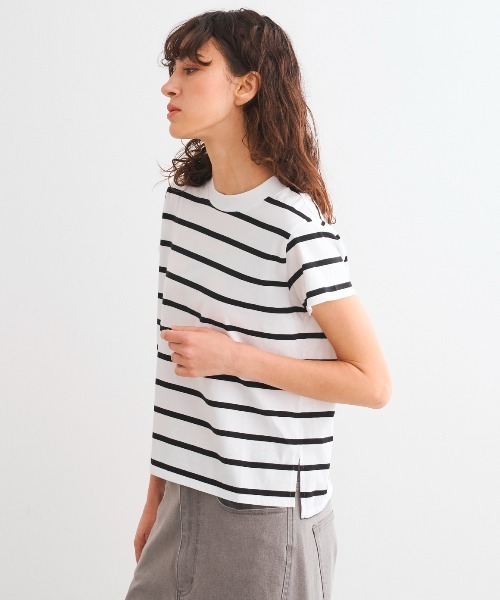 three dots(スリードッツ)の「サンデッドジャージー ミニT(Tシャツ/カットソー・レディース・グレー系その他/ホワイト×ブラック・SMALL/MEDIUM)」の3枚目の写真