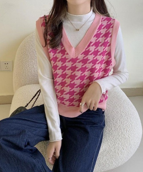 セール】【Jasmine】千鳥柄Vネックニットベスト（ベスト）｜Jasmine