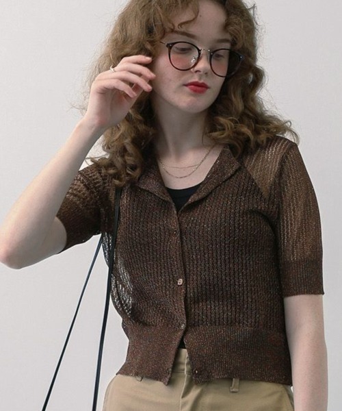 saloon（サルーン）の「SALOON(サルーン)/　シアー透かし編みニットカーデ【手洗い可】（カーディガン/ボレロ・レディース・シルバー/ブラウン/ブラック・FREE）」の2枚目の写真